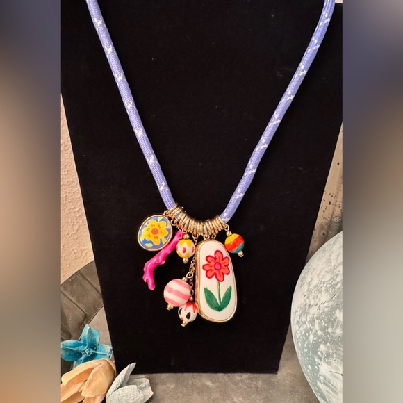 Zara Blue Cord Necklace with Porcelain Charms - Picture 2 of 8